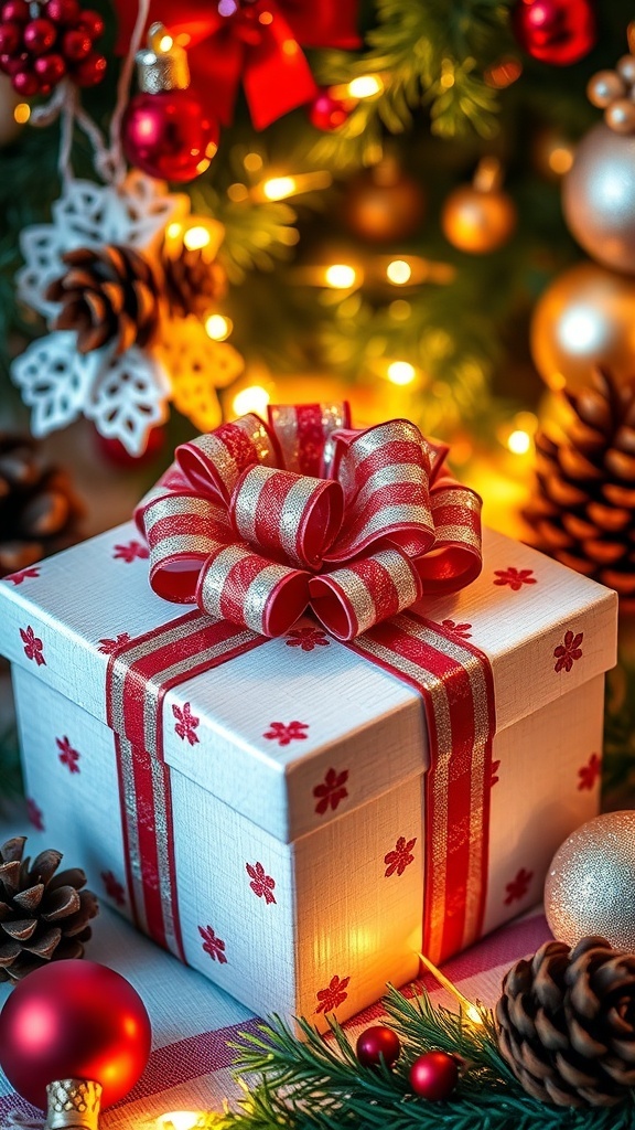 Thoughtful Christmas Gift Ideas for Your Mother-in-Law A festive gift box with a bow on a holiday-themed table, surrounded by Christmas decorations.